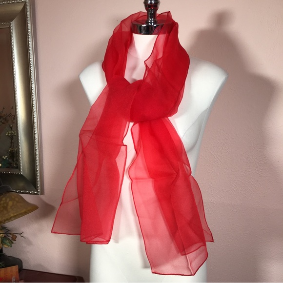 Vintage 40 50 Retro Sheer Red Oversized Long Scarf Wrap Minimalist Evening - Picture 9 of 15